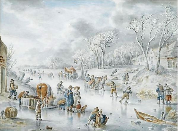 Many Figures On A Frozen Canal, A 'Koek En Zopie' In The Distance Oil Painting by Andries Vermeulen