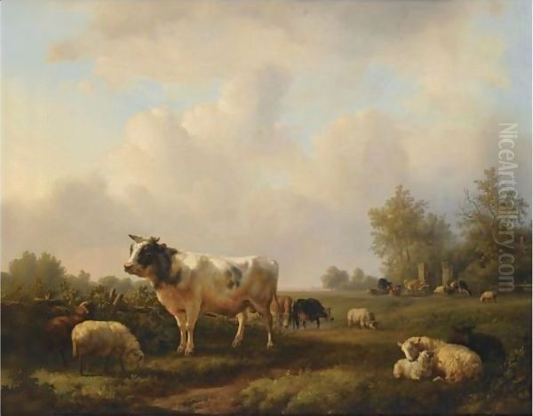 Cattle In A Summer Landscape Oil Painting by Jan Bedijs Tom