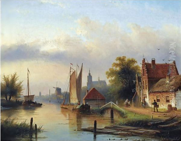 A Town By The River Oil Painting by Jan Jacob Coenraad Spohler