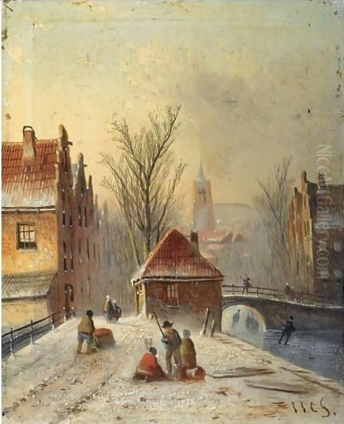 A View Of A Wintry Dutch Town Oil Painting by Jan Jacob Coenraad Spohler