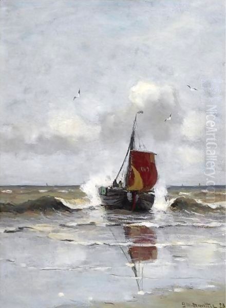 A Bomschuit In The Breakers, Katwijk 2 Oil Painting by Gerhard Arij Ludwig Morgenstje Munthe