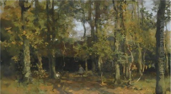 A Girl In The Woods Near A Barn Oil Painting by Willem Bastiaan Tholen