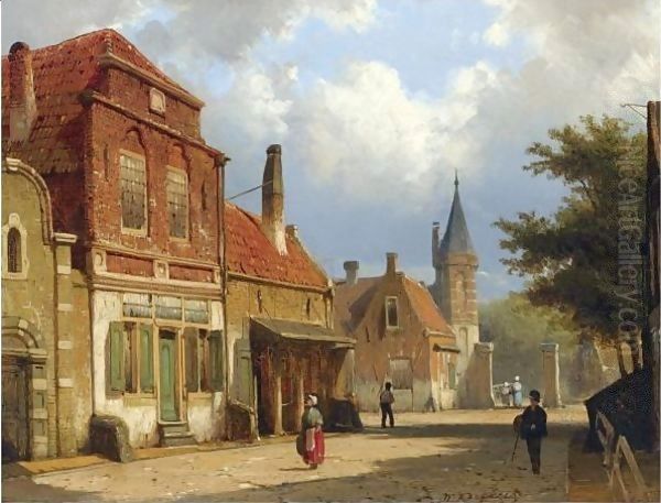 Figures In The Sunlit Streets Of A Dutch Town Oil Painting by Willem Koekkoek