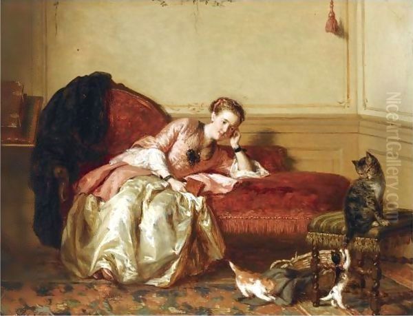 Watching The Kittens Play Oil Painting by David Bles