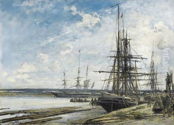 Moored Sailing Vessels On The River Maas Near Rotterdam Oil Painting by Johan Barthold Jongkind