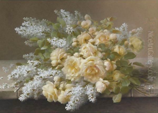 Still Life With Roses And White Lilacs On A Table Oil Painting by Raoul Maucherat de Longpre