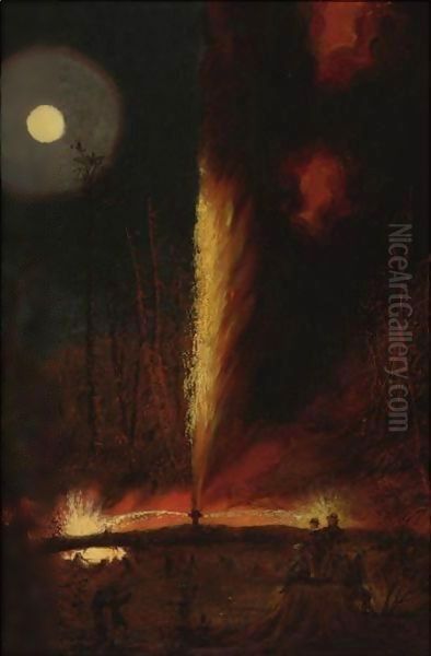 First Oil Well Burning Oil Painting by James Hamilton