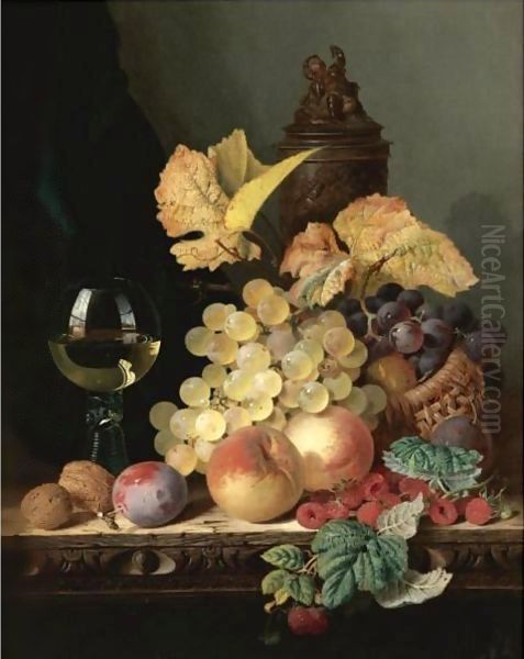 Still Life With Peaches, Plums, Grapes And Walnuts On A Carved Table With A Wine Glass Oil Painting by Edward Ladell