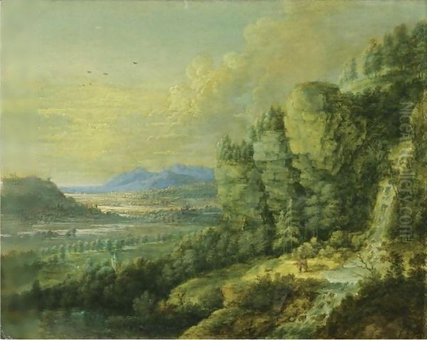 An Extensive Landscape With A Waterfall Oil Painting by Lucas Van Uden