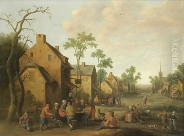 A Village Scene With Figures Conversing Outside A Tavern Oil Painting by Joost Cornelisz. Droochsloot