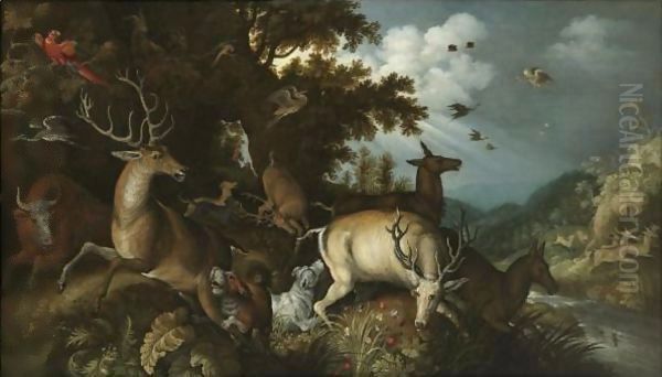 A Wooded River Lanscape With Stags Chased By Huntsmen And Their Dogs Oil Painting by Roelandt Jacobsz Savery