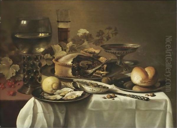 Still Life With A Large Roemer, A Half-Filled Beer Glass, A Tazza, A Pie, A Bread Roll On A Pewter Plate Oil Painting by Pieter Claesz.