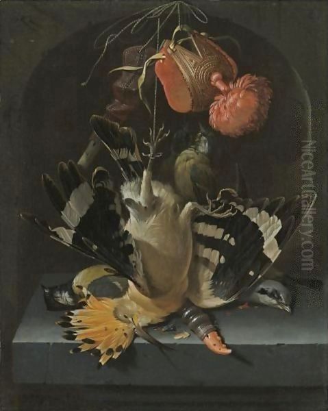 Still Life With A Hoopoe, A Great Tit, A Falconry Hood And A Decoy Whistle All Arranged Within A Stone Niche Oil Painting by Abraham Mignon