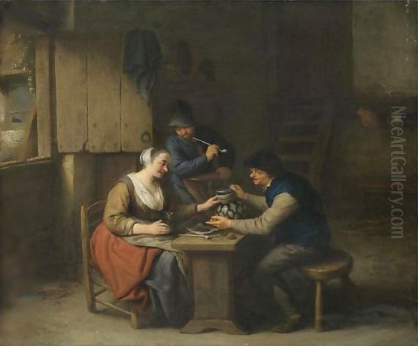 A Tavern Interior With Two Boors Seated At A Table Drinking, A Third Standing Behind Smoking A Pipe Oil Painting by Adriaen Jansz. Van Ostade