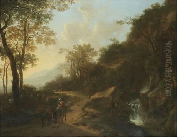 A Mountainous Italianate Landscape With Travellers Passing A Stream Oil Painting by Jan Both