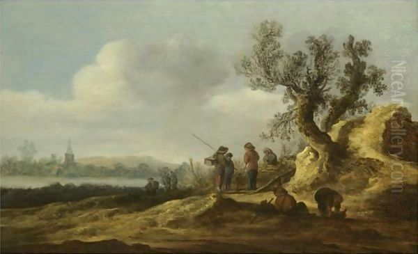 A River Landscape With Figures Conversing Beneath A Tree Oil Painting by Jan van Goyen