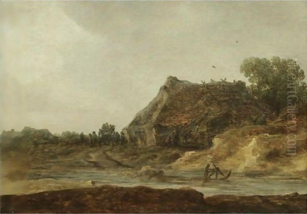 Travellers Passing A Peasant Settlement Oil Painting by Jan van Goyen