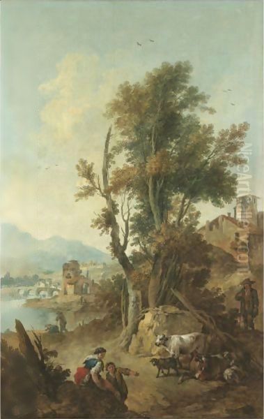 An Italianate River Landscape With Figures Resting In The Foreground Oil Painting by Giuseppe Zais