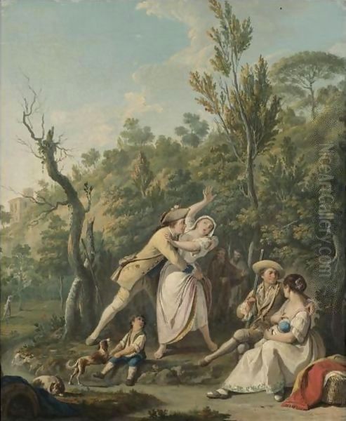 A Wooded Landscape With A Woman Resisting The Advances Of A Soldier, An Amorous Couple Beside Them Oil Painting by Pietro Fabris