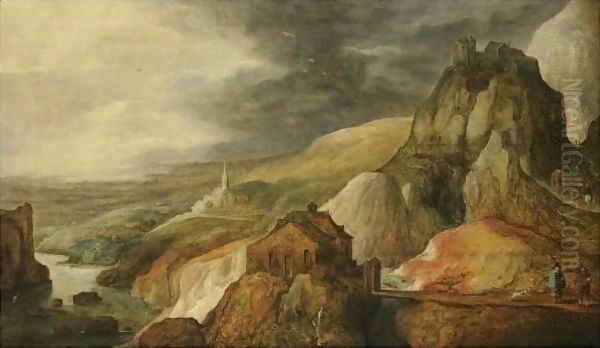 A Panoramic Mountainous Landscape Oil Painting by Joos De Momper