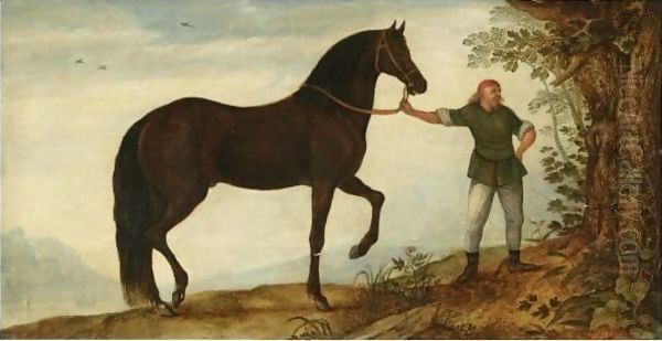 A Black Stallion With A Groom, In A Landscape Oil Painting by Roelandt Jacobsz Savery