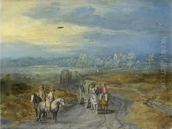 Travellers On A Country Road With A Village Beyond Oil Painting by Jan The Elder Brueghel