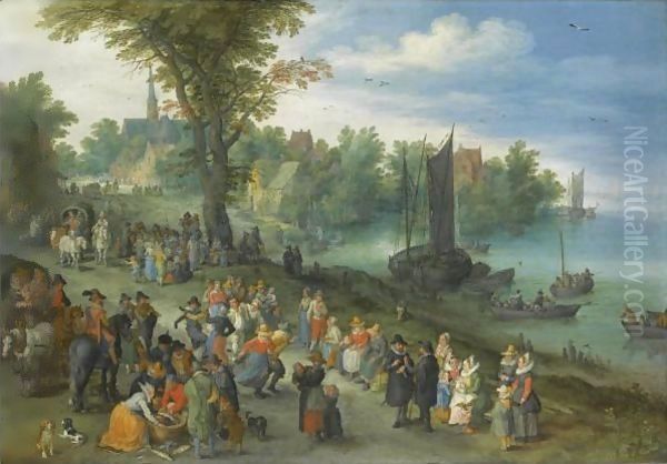 The Edge Of A Village With Figures Dancing On The Bank Of A River And A Fish-Seller Oil Painting by Jan The Elder Brueghel