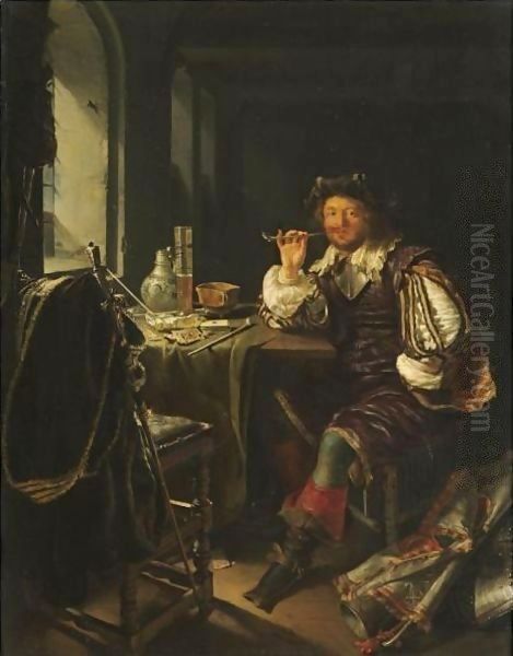 An Interior With A Soldier Smoking A Pipe Oil Painting by Frans van Mieris