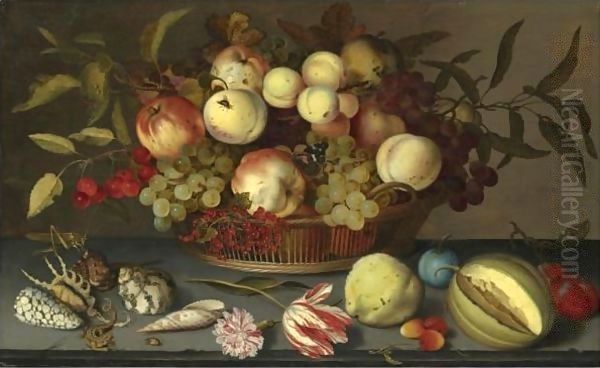 Still Life Of Peaches, Apples, Grapes, Cherries And Redcurrants In A Basket Oil Painting by Balthasar Van Der Ast