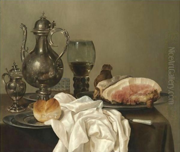 A Still Life With A Silver Tazza, A Silver Pot, A Roemer With White Wine, A Glass With Beer, Four Pewter Plates With A Bread Roll And A Shoulder Of Ham, All On A Green Table Cloth Oil Painting by Willem Claesz. Heda