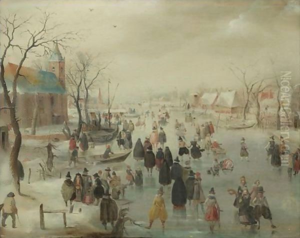 An Extensive River Landscape With Numerous Skaters Before A Church, A Village Beyond Oil Painting by Hendrick Avercamp