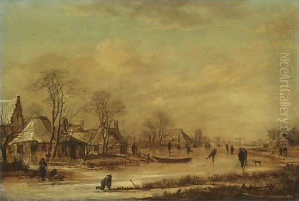 A Village Scene In Winter With Skaters On A Frozen River Oil Painting by Aert van der Neer