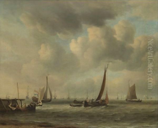 A Kaag And Other Dutch Coastal Vessels Putting Out From A Jetty, The Dutch Fleet Beyond Oil Painting by Willem van de, the Elder Velde