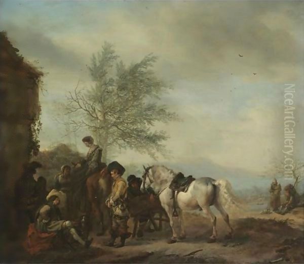 A Lakeside Halt With Travellers Resting Oil Painting by Philips Wouwerman