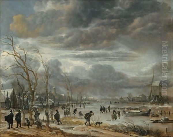 A Winter Lanscape With Figures Battling Across A Frozen River In A Snowstorm, A Post Mill To The Right Oil Painting by Aert van der Neer