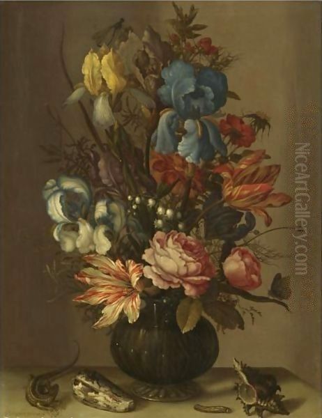 Still Life Of Roses, Tulips, Irises, French Marigold, And Lily Of The Valley In A Glass Vase Oil Painting by Balthasar Van Der Ast