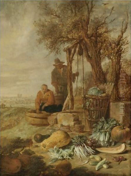 A Peasant Couple By A Well With A Distant View Of Paris Oil Painting by Willem Kalf