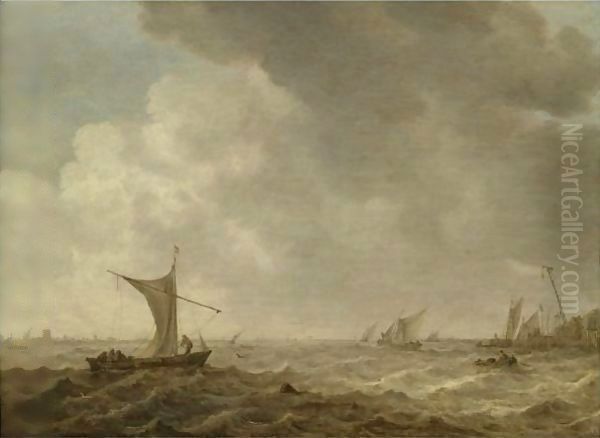 An Estuary Scene With Small Vessels In A Choppy Sea Oil Painting by Jan van Goyen