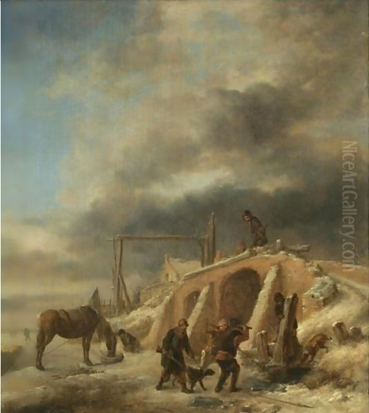 A Winter Landscape, With Figures By A Bridge Over A Frozen Stream Oil Painting by Philips Wouwerman