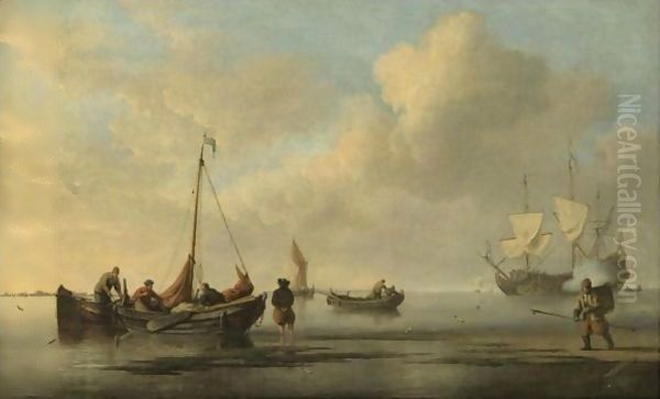 A Calm Day With Weyschuits Off A Beach, And Other Vessels Including A Man O' War Firing A Salute Offshore Oil Painting by Willem van de, the Elder Velde