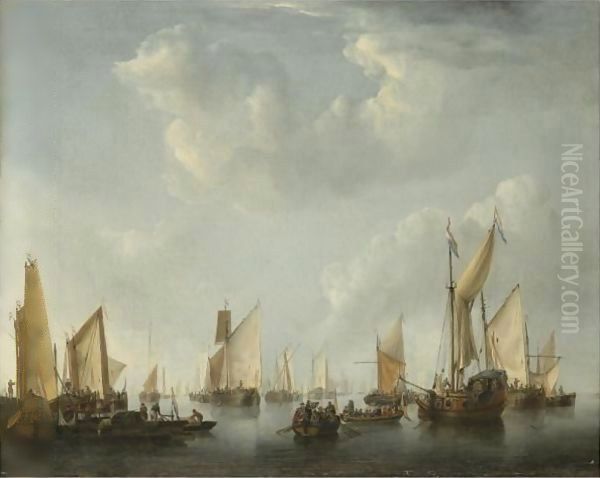 A Calm, With A States Yacht And Other Vessels In A Crowded Harbour Scene Oil Painting by Willem van de, the Elder Velde