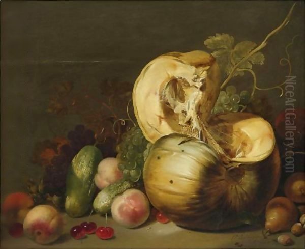 A Still Life With A Pumpkin, Peachs, Grapes, Cherries And Other Fruit Oil Painting by Hans Bollongier