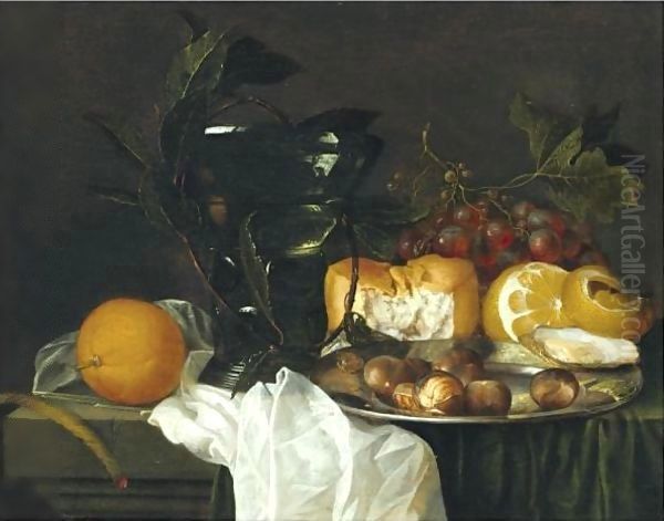 Still Life With A Roemer, A Peeled Lemon, Bread, An Oyster And Chestnuts On A Pewter Dish Oil Painting by Jan Davidsz. De Heem