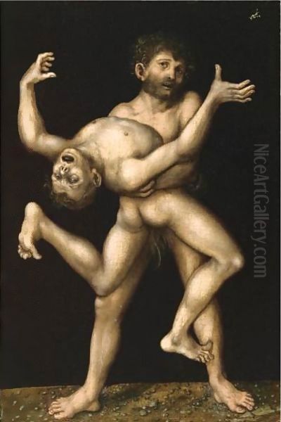 Hercules And Antaeus Oil Painting by Lucas The Elder Cranach