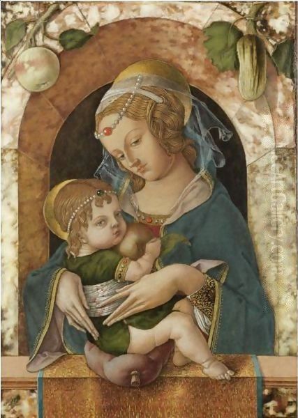 The Madonna And Child At A Marble Parapet, An Apple And A Gourd Hanging From A Niche Behind Oil Painting by Carlo Crivelli