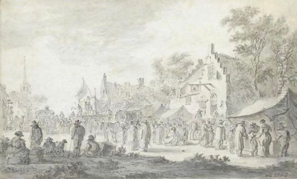 A Village Market With Players Oil Painting by Jan van Goyen