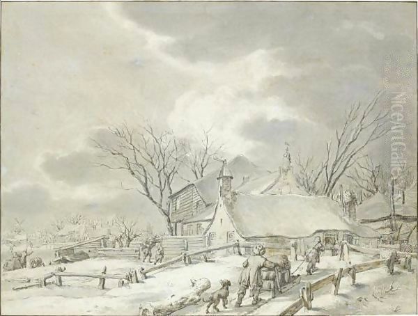 Winter Landscape With Peasants With A Sledge By A Farm, A Town Beyond Oil Painting by Jacob Cats