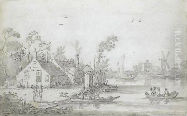 A River Scene With Rowing Boats, Cottages On The Shore And A Windmill In The Distance Oil Painting by Esaias Van De Velde