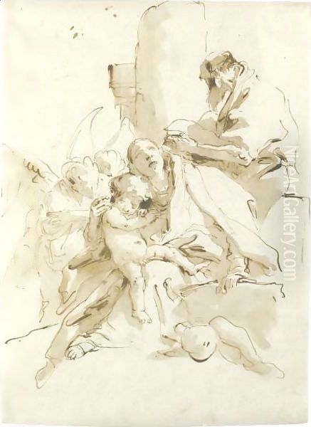 The Holy Family, St. Joseph Reading And Two Angels In The Background Oil Painting by Giovanni Battista Tiepolo