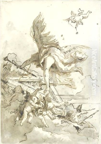 Fame, Surrounded By Putti, Seen From Below, Flying Around A Pediment Oil Painting by Giovanni Domenico Tiepolo